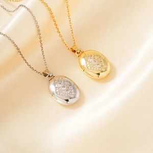 Collar con Colgante de Relicario Ovalado de Cobre con Diamantes de Imitación para Mujeres Hombres Relicario de Fotos de Memoria Joyería