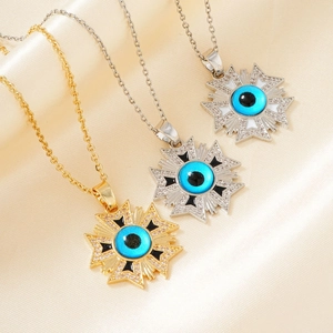 Unique Copper Evil Eye Starburst Pendant Necklace Vintage Enamel Rhinestone Geometric Charm Jewelry For Women Daily Gift