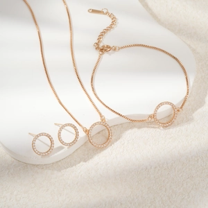 Luxurious Copper Rose Gold Geometric Hollow Circle Jewelry Set Zirconia Inlaid Necklace Bracelet Earrings Set For Women Party Gift