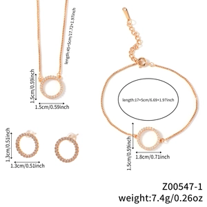 Rose gold stainless steel jewelry set with circular crystal necklace bracelet and earrings