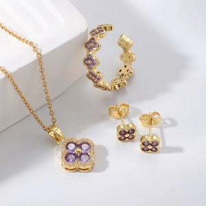 Goldenes Kleeblatt Schmuckset mit lila Zirkon Halskette, Ohrringen und Ring