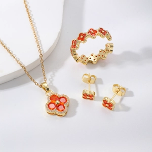 Elegante Kupfer Vierblättriges Kleeblatt Halskette Verstellbarer Ring Ohrstecker Für Damen Vergoldeter Strass Blumenschmuck