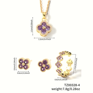 Eleganter vergoldeter lila Kleeblatt Schmuckset mit Halskette, Ohrringen und Ring