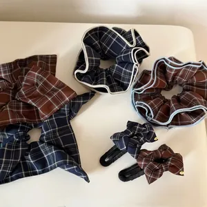 British Style Plaid Hair Accessories For Women Vintage Navy Blue Khaki Checkered Bow Hair Clips Large Scrunchies Preppy Hair Ties