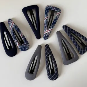 French Vintage Navy Blue Plaid Hair Clips For Women Minimalist Fashion Fabric Covered BB Clips Triangle Waterdrop Hair Pins