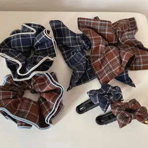 British style plaid hair scrunchie and bow hair clip set in navy blue and brown colors