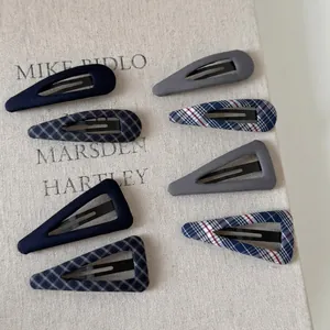 8-piece French vintage navy and red plaid fabric hair clips set in teardrop and triangle shapes