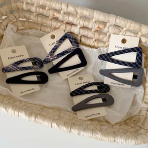 French vintage navy blue and red plaid BB hair clips in a stylish set for women
