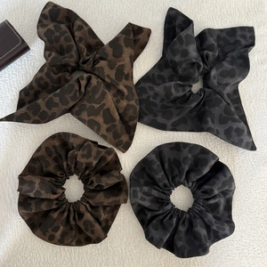 Vintage leopard print scrunchie set with bowknot hair ties in grey and dark brown