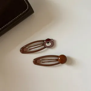 Maillard Brown Cartoon Bear Metal Hair Clip Sweet Resin Bead Design BB Side Clip For Women Daily Fashion Accessories