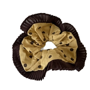 Yellow polka dot scrunchie with brown pleated organza trim for elegant hairstyles