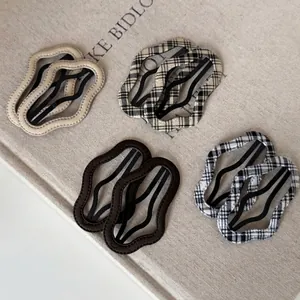 Set of 8 wavy plaid hair clips with sheer mesh fabric in neutral beige and brown tones