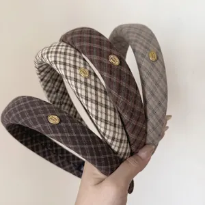 Vintage Maillard Plaid Fabric Headband For Women Handmade Padded Hair Band With Gold Metal Label Retro High Top Hair Accessories