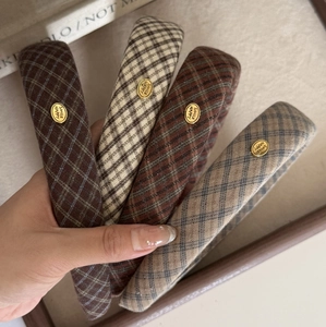 Retro plaid headband set with gold smile labels, four colors including coffee and beige