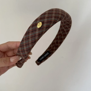 Maillard vintage plaid headband with gold label for high cranial top hair styling