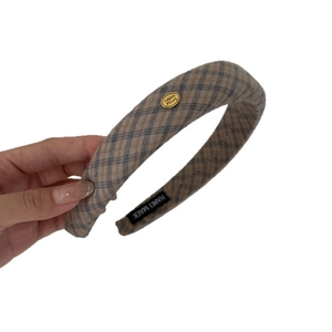 Maillard vintage plaid fabric headband with gold metal button for high skull top hair style