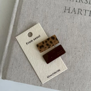 2-piece acetate hair clip set with leopard print and solid brown rectangular designs
