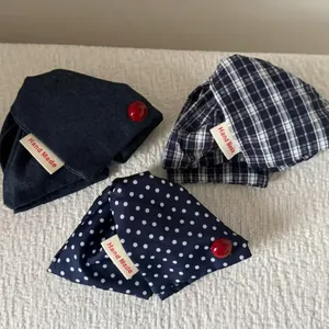 Denim triangular hair claw clip set with red beads and handmade label in three patterns
