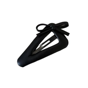 Minimalist black leather triangle hair clip with a bow decoration and metal base