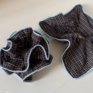 Blue and brown plaid checkered scrunchie set with blue piping for elegant hair styling