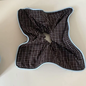 Blue and brown plaid oversized hair scrunchie with checkered fabric and light blue edging