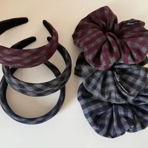Vintage Plaid Woolen Headband And Scrunchie Preppy Style Checkered Hair Accessories For Women Academic Fashion Hair Band