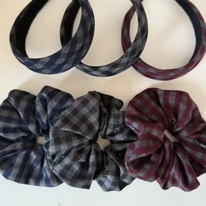 British style plaid fabric headband and scrunchie set in vintage navy, grey and burgundy