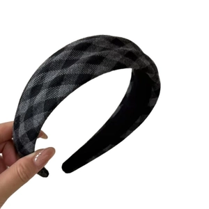 Preppy style dark grey plaid fabric padded headband with wide sponge design for women