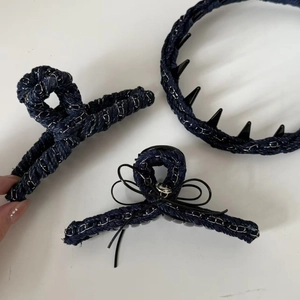 Denim bow hair clip and headband set with silver chains and non-slip teeth combs
