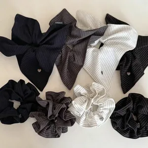 Navy blue heart striped scrunchie and bow hair clip set with handmade metal charm