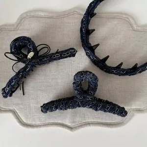 Korean Style Denim Bow Metal Chain Hair Claw Clip Fashion Non-Slip Headband For Women Denim Fabric Hair Accessories