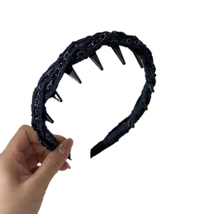 Navy denim and metal chain headband with teeth for women, stylish hair accessory
