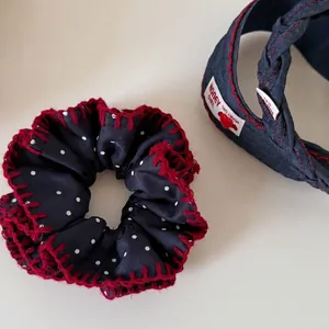 Ensemble Serre-Tête Choucou Denim à Pois Style Coréen Surpiqûres Rouges Contrastées Accessoires Cheveux Mode Femme Élastique