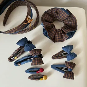 Blue denim and plaid bow hair accessory set with scrunchies and vintage clips