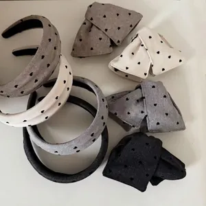 Elegant grey fabric headband and bow set with heart jacquard pattern for women