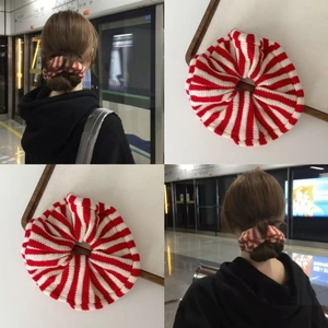 Red and white striped knit scrunchie accessory for hair styling and daily wear