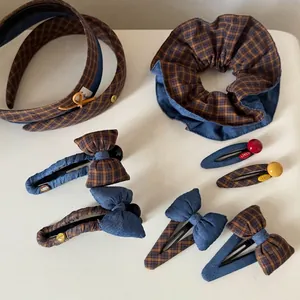 Vintage Retro Denim Plaid Bowknot Hair Clip For Women Fabric Checkered Duckbill Clip Bow Hairpin Fashion Headwear Accessories
