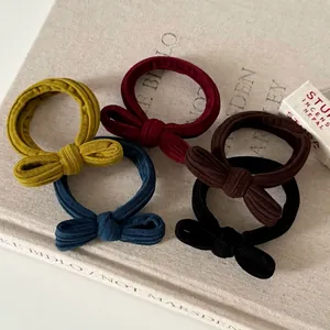 Vintage Bow Hair Tie Ribbed Fabric Scrunchie Gentle Elastic Hair Band For Women Daily Commute Ponytail Headwear Accessory