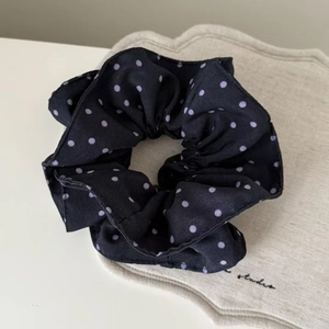 Vintage black and purple polka dot scrunchie made of premium satin for hair styling