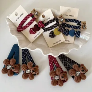 Lot de barrettes à cheveux style coréen avec ours à carreaux et strass brillants