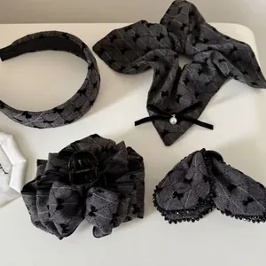 Elegant grey plaid hair accessories set with headband, bow clips and pearl details