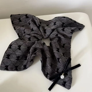 Elegant grey plaid scrunchie with embroidered bows and a pearl bow charm pendant