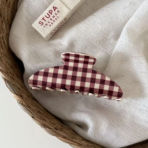 French style red checkered acetate hair claw clip for women in elegant gingham pattern
