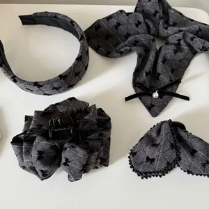Vintage Grey Checkered Bow Hair Accessories For Women Elegant Fabric Headband Hair Claw Clip Artificial Pearl Scrunchie Hair Clips