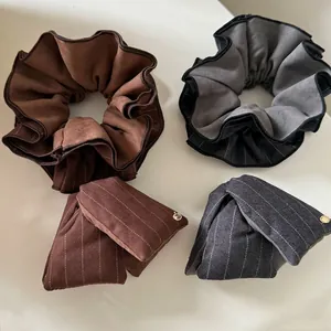 Striped fabric hair tie and oversized scrunchie set in coffee and smoke gray colors