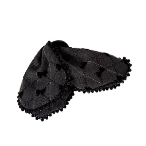 Elegant dark gray plaid bow hair clip with decorative black beads and fabric texture