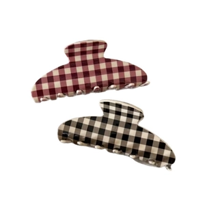 Set of two French acetate hair claws featuring classic red and black checkered patterns