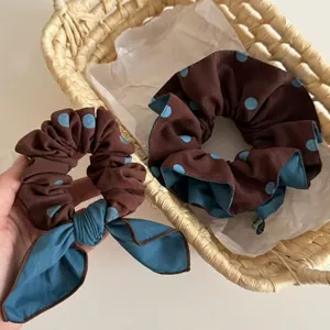 Korean Style Coffee Polka Dot Double Layer Fabric Scrunchie Bow Hair Tie For Women Handmade Fashion Elegant Hair Accessories