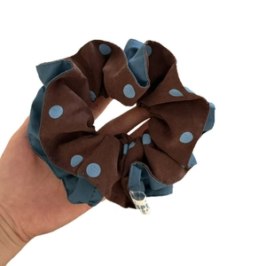 Coffee brown polka dot double-layer fabric scrunchie with elegant vintage design