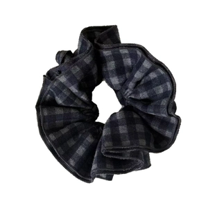 Retro grey and black plaid wool scrunchie for women with thick textured fabric